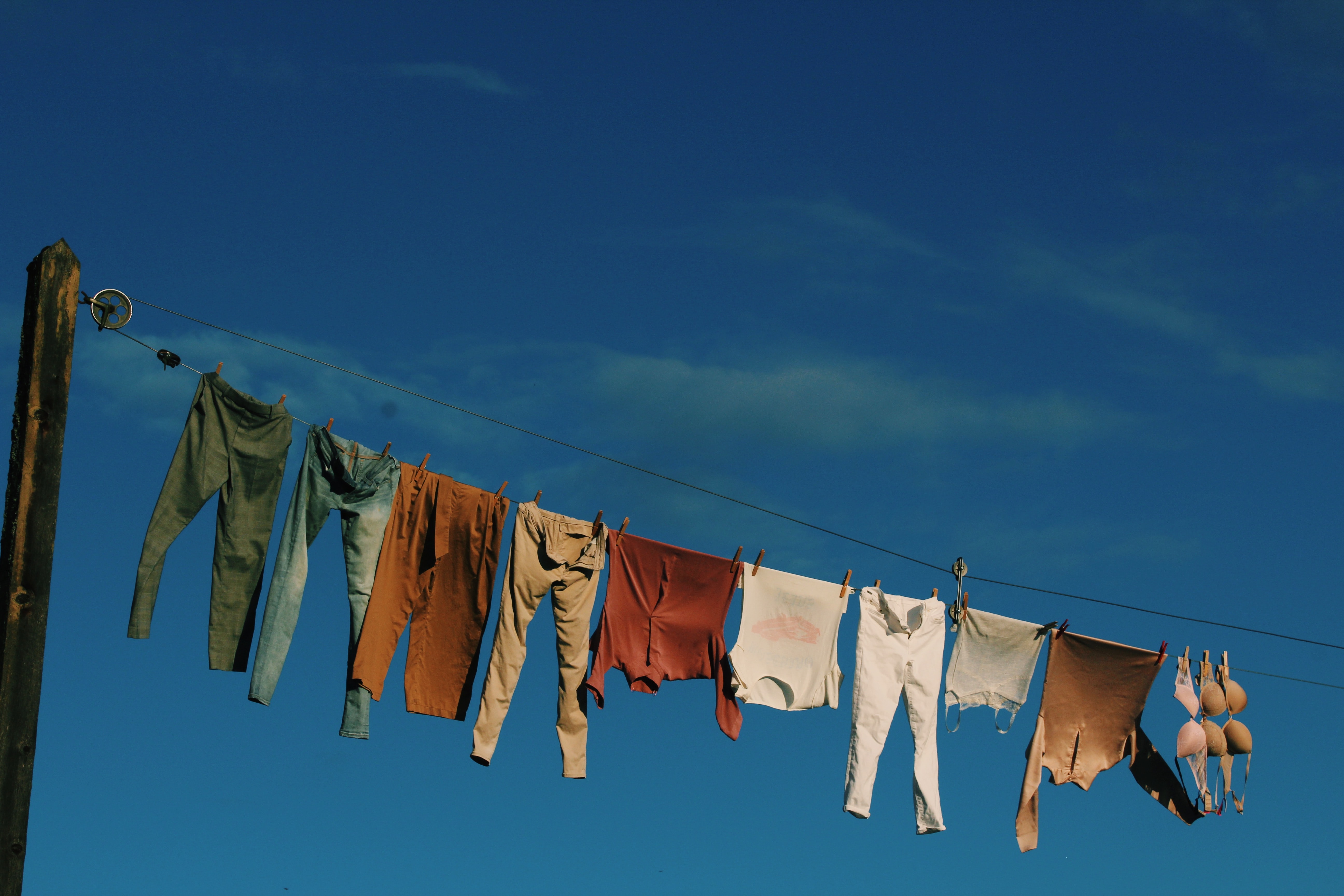 Laundry being hanged outside to dry.