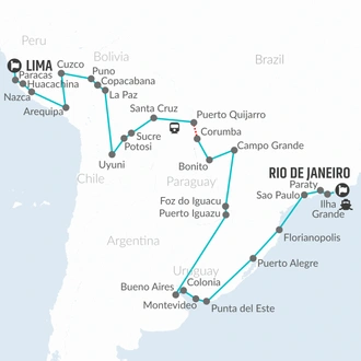 tourhub | Bamba Travel | Rio de Janeiro to Lima (via Pantanal & Uruguay) Travel Pass | Tour Map
