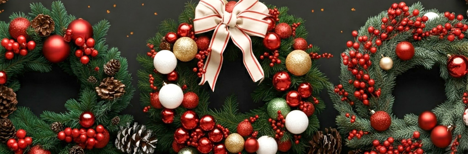 Three festive wreaths adorned with red and white ornaments, pine cones, and a red and white striped bow.