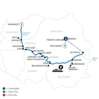 tourhub | Avalon Waterways | The Danube from Romania to Budapest with 1 Night in Bucharest, 2 Nights in Transylvania & 1 Night in Budapest (Illumination) | Tour Map