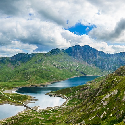 An aerial view of the famous Snowdonia national park in Wales.