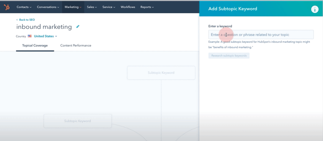 A Gif Showing Hubspot's Suggestions For Subtopics