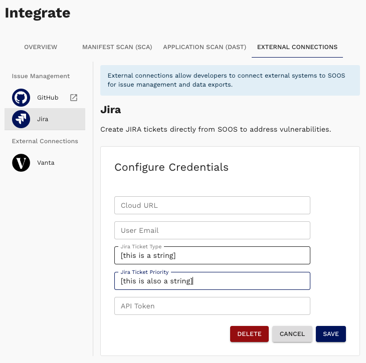 Jira integration on SOOS External Connections screen
