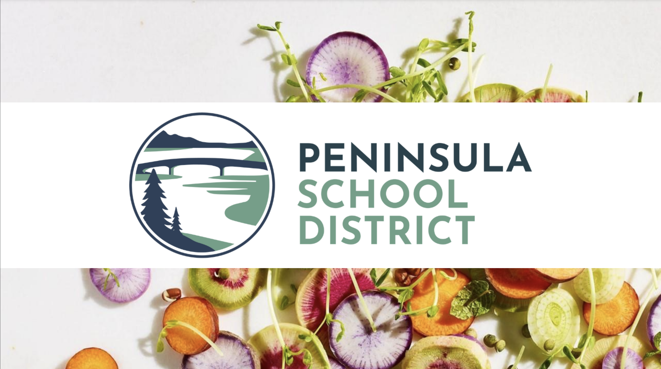 The Peninsula School District Logo with an image of fresh, colorful vegetables in the background.