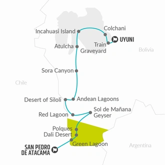 tourhub | Bamba Travel | Uyuni Salt Flats & Desert Adventure 3D/2N (Uyuni to Atacama) | Tour Map