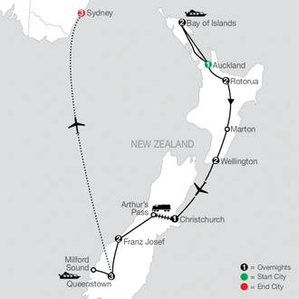 tourhub | Globus | Best of New Zealand with Sydney | Tour Map