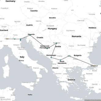 tourhub | Uniworld Boutique River Cruises | Cruise & Rail: Milan, Venice, Istanbul & the Balkans | Tour Map