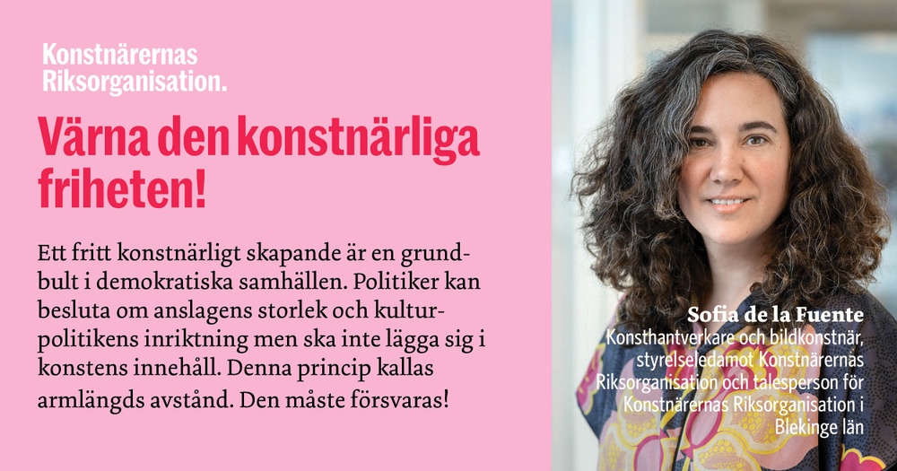 Sofia de la Fuente, Konsthantverkare och bildkonstnär, styrelseledamot i Konstnärernas Riksorganisation och talesperson för Konstnärernas Riksorganisation i Blekinge län. Foto: Jann Lipka