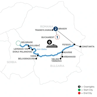 tourhub | Avalon Waterways | Active & Discovery on the Danube from Serbia to Romania with 2 Nights in Transylvania (Impression) | Tour Map