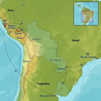tourhub | Indus Travels | Best Of Peru Argentina And Brazil | Tour Map