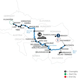 tourhub | Avalon Waterways | The Danube from Germany to Romania with 1 Night in Bucharest and 2 Nights in Transylvania (Expression) | Tour Map