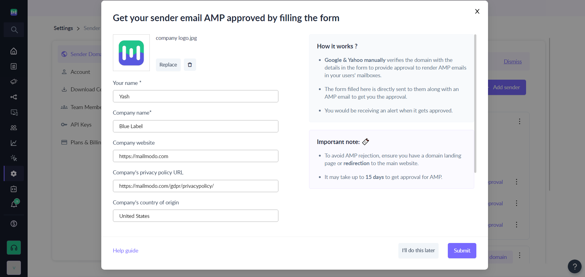 Whitelisting your sender's address to start sending AMP emails