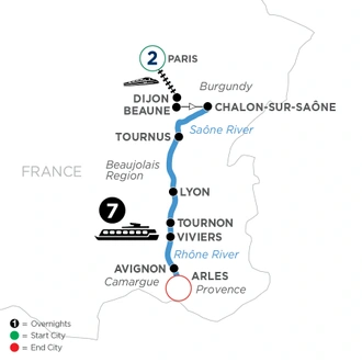 tourhub | Avalon Waterways | Burgundy & Provence with 2 Nights in Paris (Southbound) (Poetry II) | Tour Map