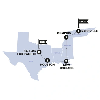 tourhub | Contiki | USA: Nashville to Dallas Road Trip | 2025 | Tour Map