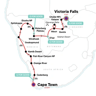 tourhub | G Adventures | Southern Africa Northbound: Dunes, Deltas & Falls | Tour Map