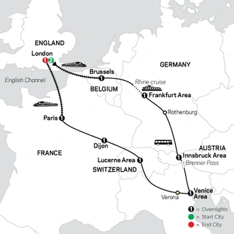 tourhub | Cosmos | Seven Countries, Venice & Paris with London | Tour Map