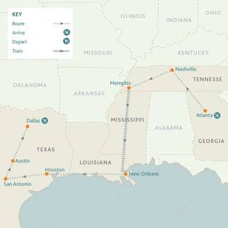 tourhub | Riviera Travel | Deep South USA Plus Texas | Tour Map
