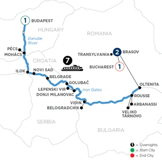 tourhub | Avalon Waterways | Balkan Discovery with 1 Night in Budapest & 2 Nights in Transylvania (View) | Tour Map