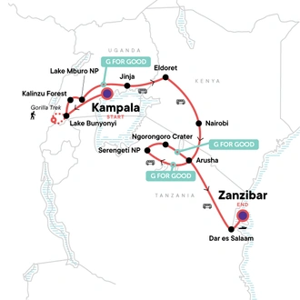 tourhub | G Adventures | East Africa Overland: Serengeti & Safari Drives | Tour Map
