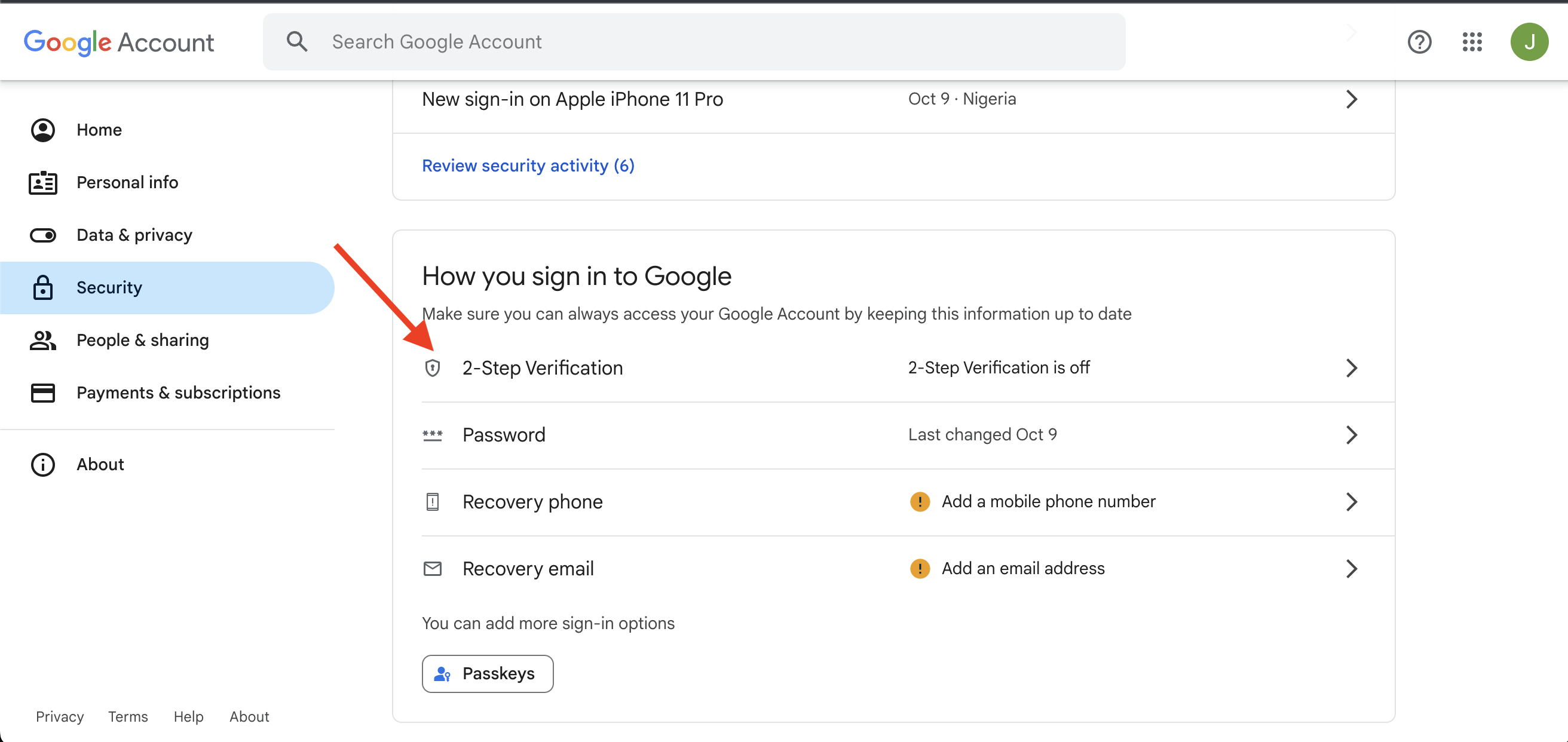 Google Account Security Settings