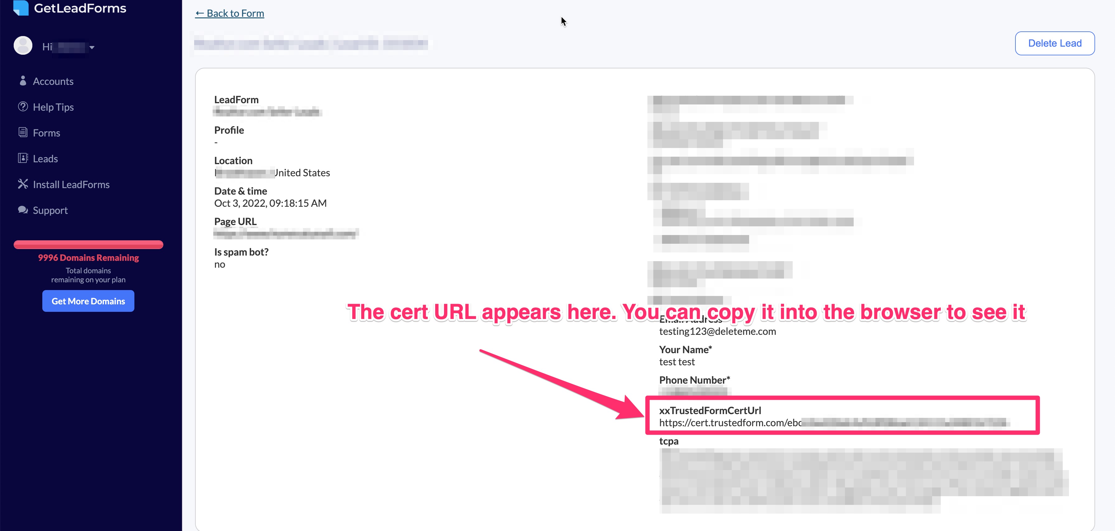 Access and store TrustedForm cert URL