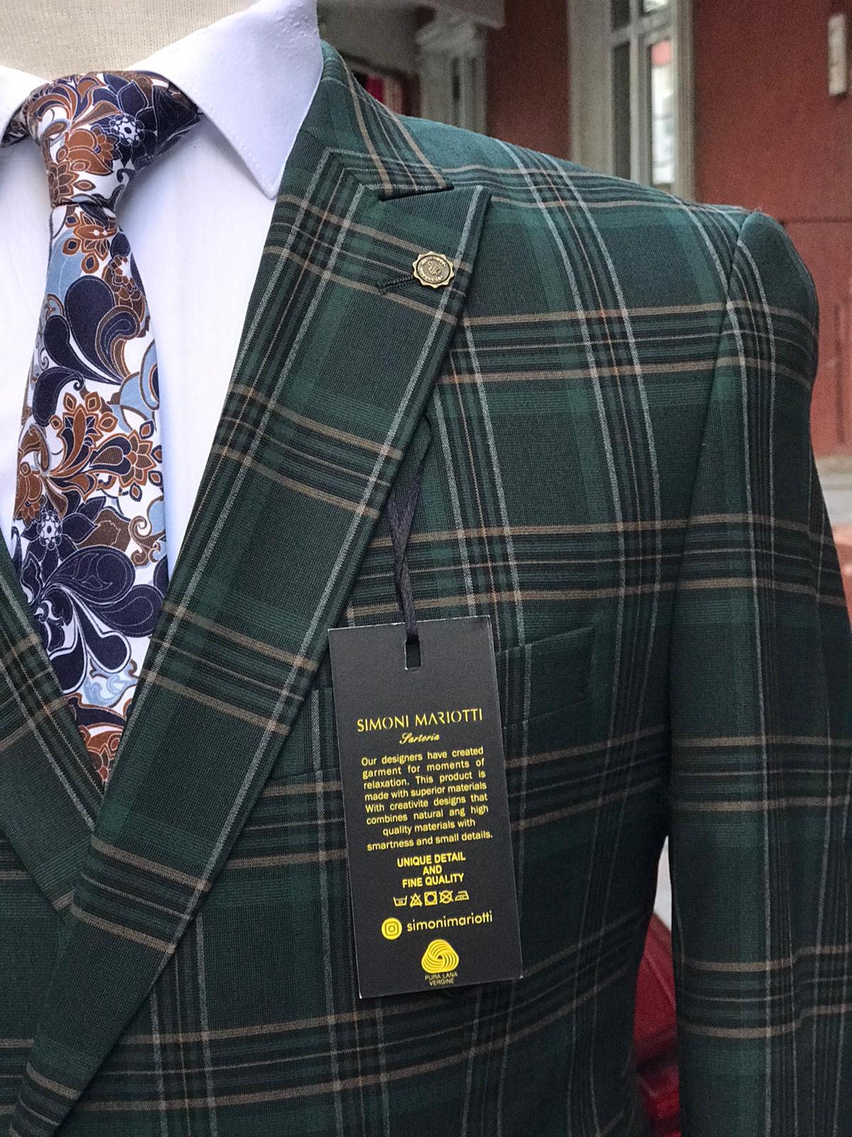 Green Gold Check Peak Lapel Double Breasted Suit - Classic