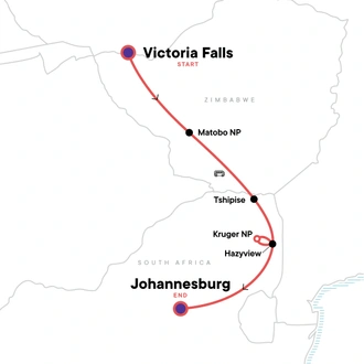 tourhub | G Adventures | Kruger, Falls & Zimbabwe: Mineral Pools & National Parks | Tour Map