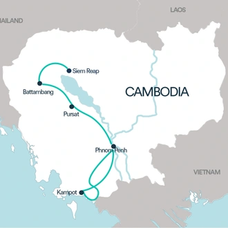 tourhub | Social Cycles | Cambodia Cycling Adventure | Siem Reap to Kampot via Phnom Penh | Tour Map