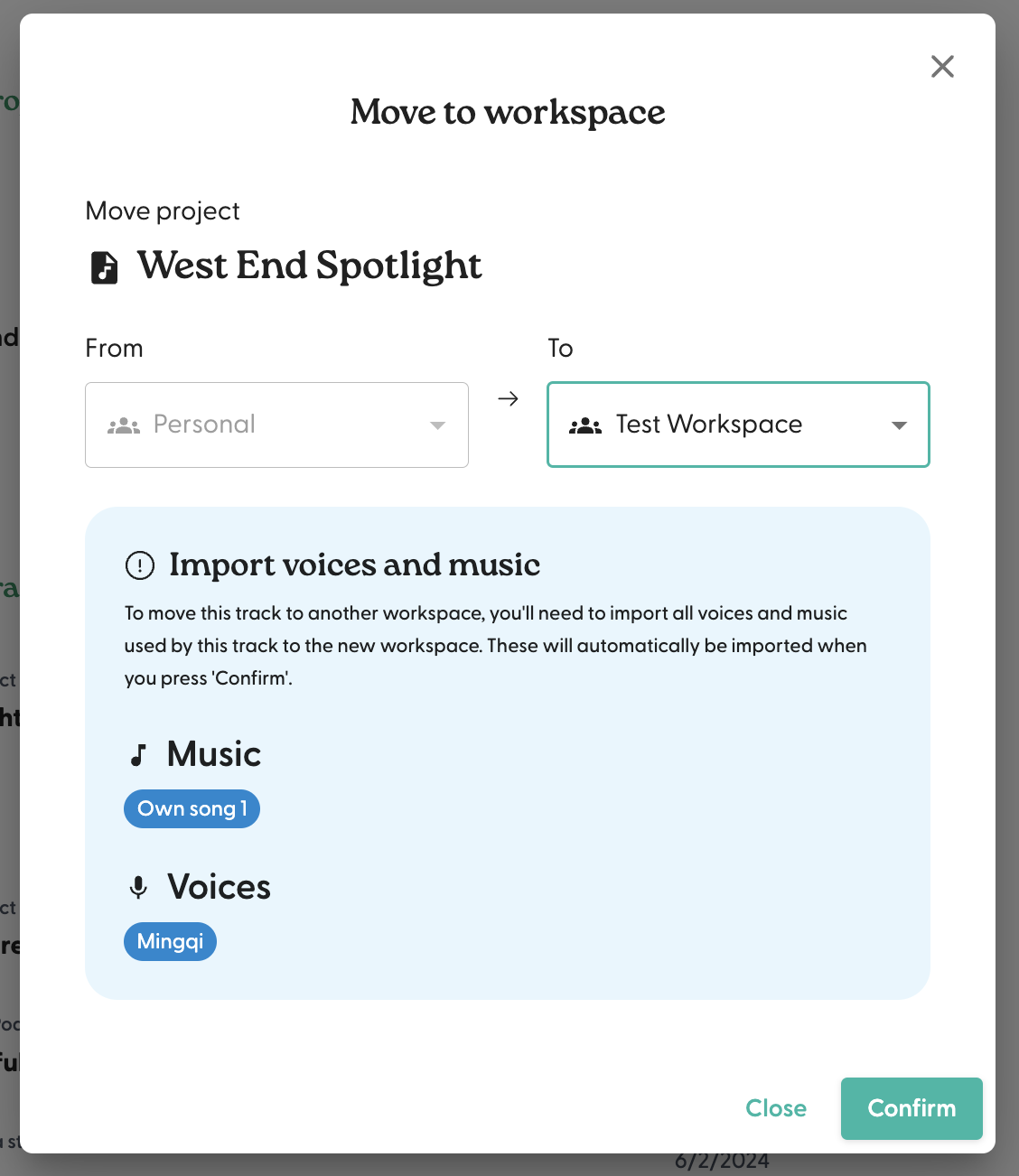 Move track to a workspace