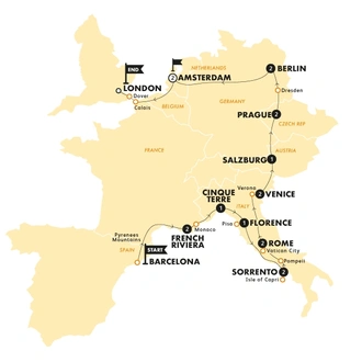 tourhub | Contiki | Barcelona to London Quest | Summer | 2025 | Tour Map
