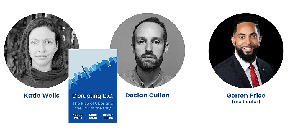 black and white photos of authors Katie Wells and Declan Cullen on either side of the cover of the book Disrupting DC, Gerren Price (moderator) in color on the right