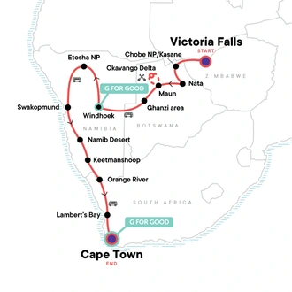 tourhub | G Adventures | Dunes, Deltas & Falls Discoverer | Tour Map