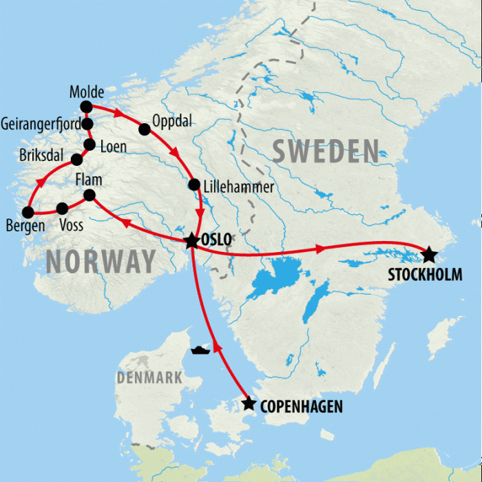 tourhub | On The Go Tours | Copenhagen, Norwegian Fjords & Stockholm - 13 days | Tour Map