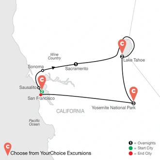 tourhub | Globus | Golden State of Mind: Northern California By Design | Tour Map