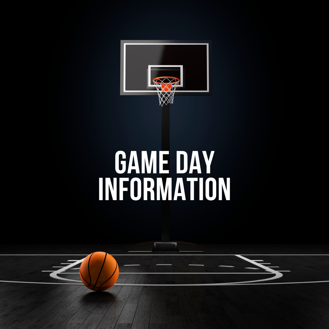 Game Day Information. Image of basketball court and ball