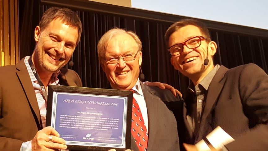 Jan Rapp vinnare av biogasutmärkelsen tillsammans med Göran Persson och Mattias Goldmann.