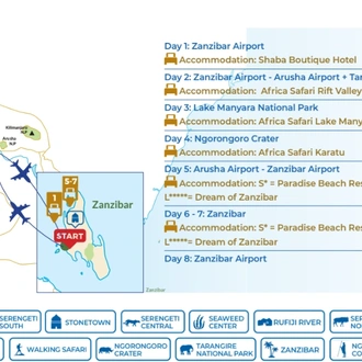 tourhub | Beach and Safari Holidays | Zanzibar & Lake Manyara | Tour Map