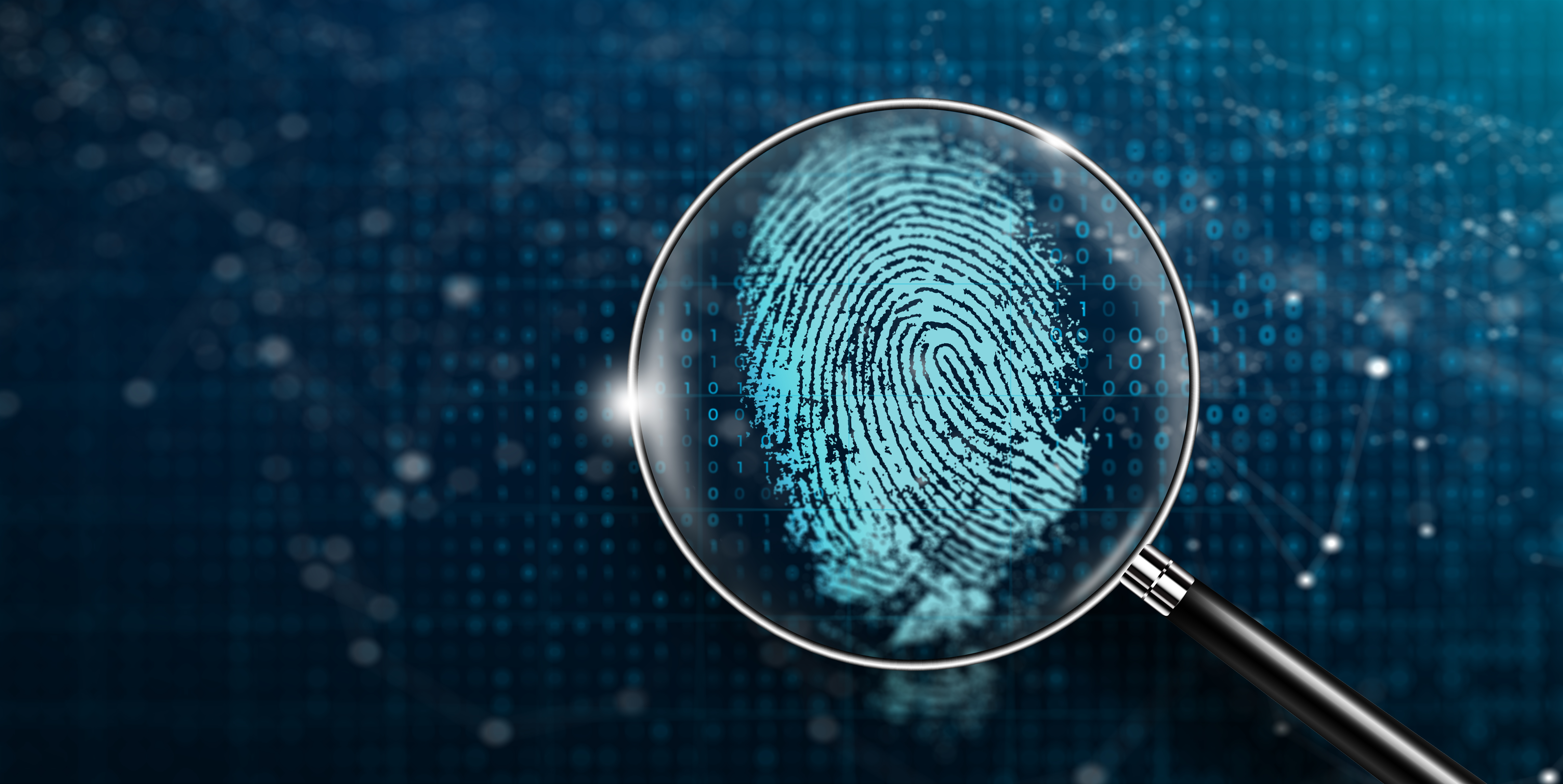 magnifying glass and biometrics authentication technology with binary code