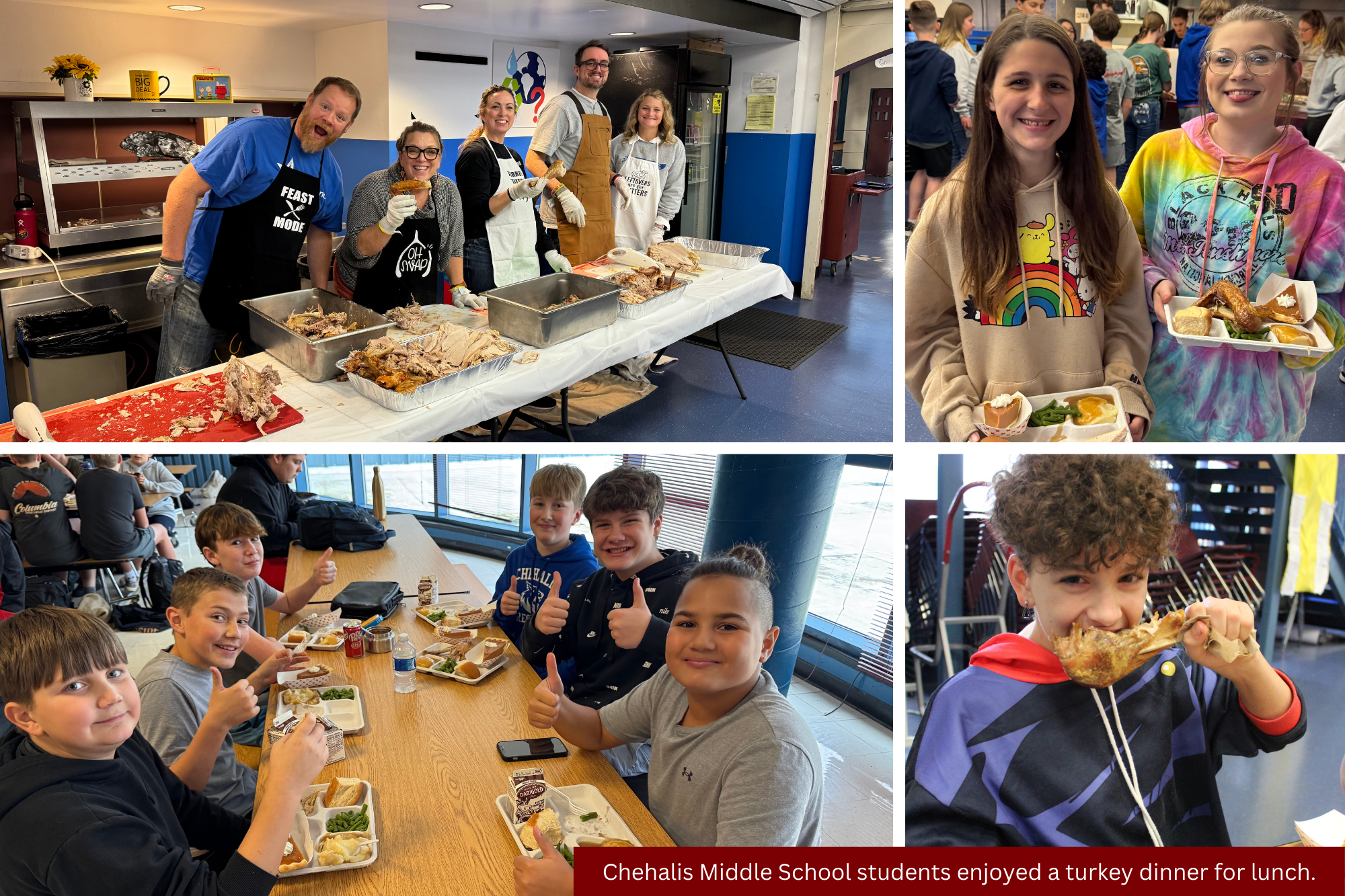 Chehalis Middle School students enjoy a Thanksgiving turkey lunch.