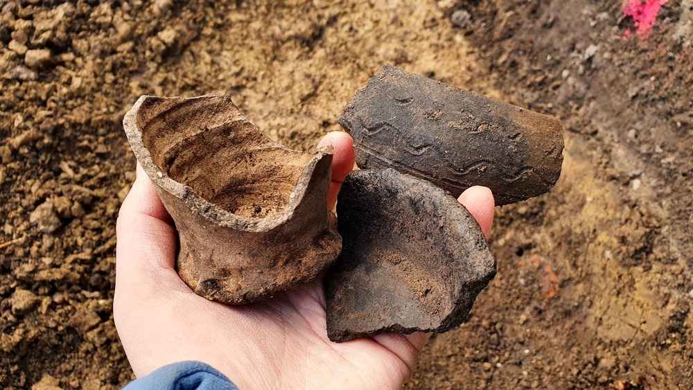 Skärvor av stengodskrus, troligen importerat från Tyskland under 1300-talet. Detta är ett exempel på den keramik som Kulturens arkeologer nu har hittat på Kastanjegatan i centrala Lund,  tillsammans med lämningar från en medeltida gård. Foto: Kulturen