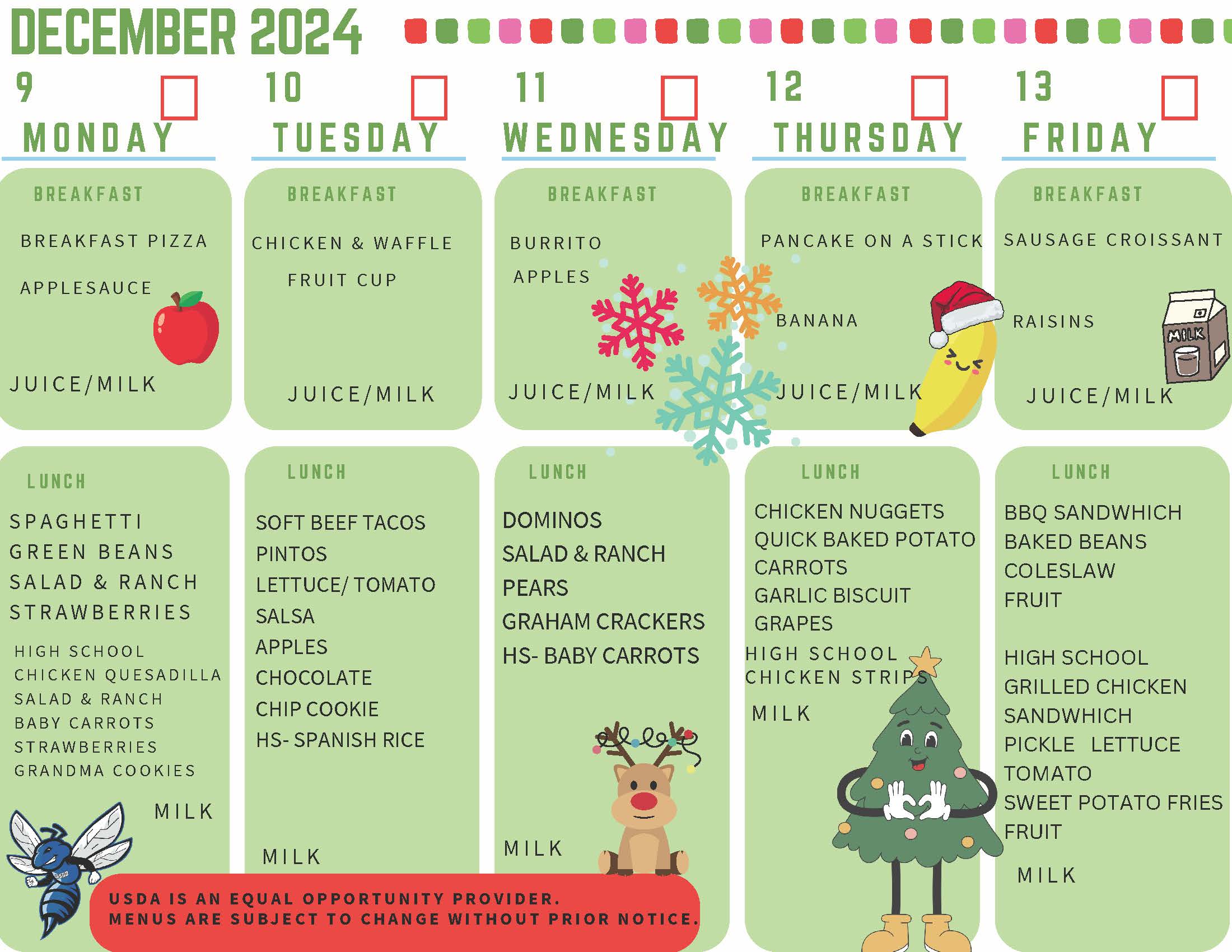 lunch menu listed by days of the week; on green background with Christmas clip art