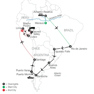 tourhub | Globus | South American Odyssey with Amazon & Peru | Tour Map