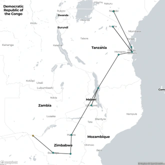 tourhub | Oasis Overland | Nairobi To Victoria Falls (34 Days) Savanna Dawn | Tour Map