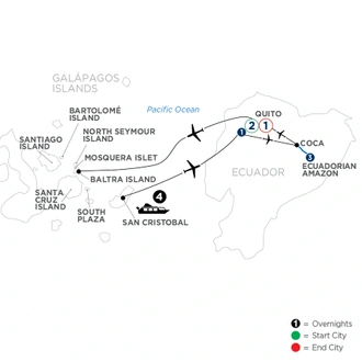tourhub | Avalon Waterways | Ecuador & Its Galápagos Islands with the Amazon (Treasure of Galapagos) | Tour Map