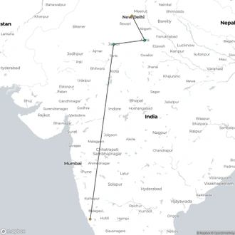 tourhub | Offbeat India Tours | Golden Triangle & Goa India Tour in 9 Days | Tour Map