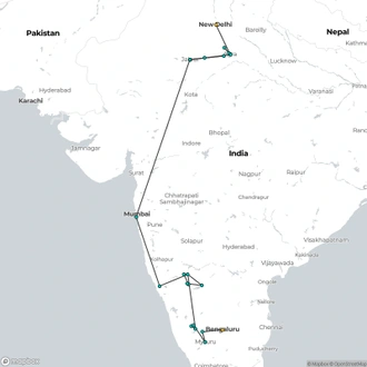 tourhub | Agora Voyages | Golden Triangle with Goa Beach & Karnataka Stone Sculptures | Tour Map