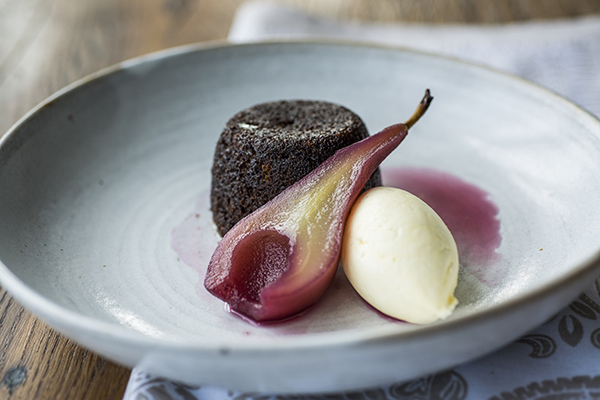 Red wine-poached pear and spiced ginger cake
