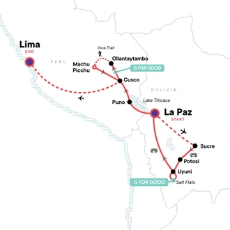 tourhub | G Adventures | Bolivia to Peru: Lakes, Salt Flats & Machu Picchu | Tour Map