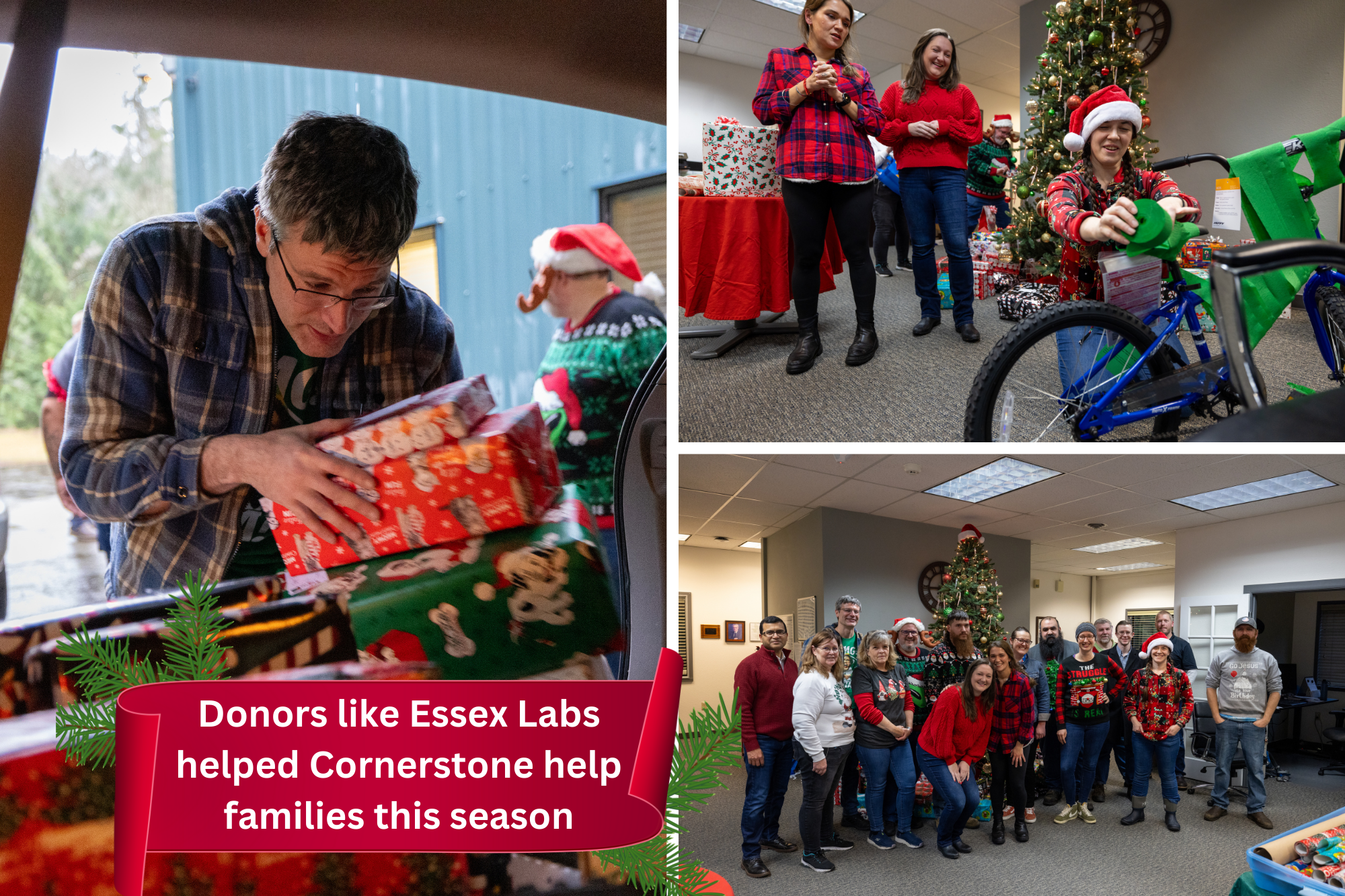 Photos of staff at Essex Labs getting Christmas presents ready for the staff at Cornerstone to distribute.