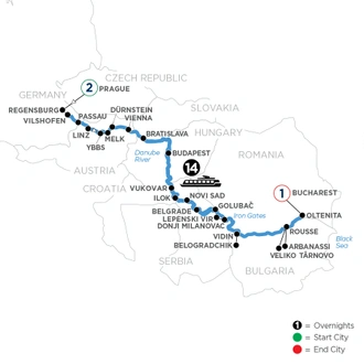 tourhub | Avalon Waterways | The Danube from Germany to Romania with 2 Nights in Prague and 1 Night in Bucharest (Illumination) | Tour Map